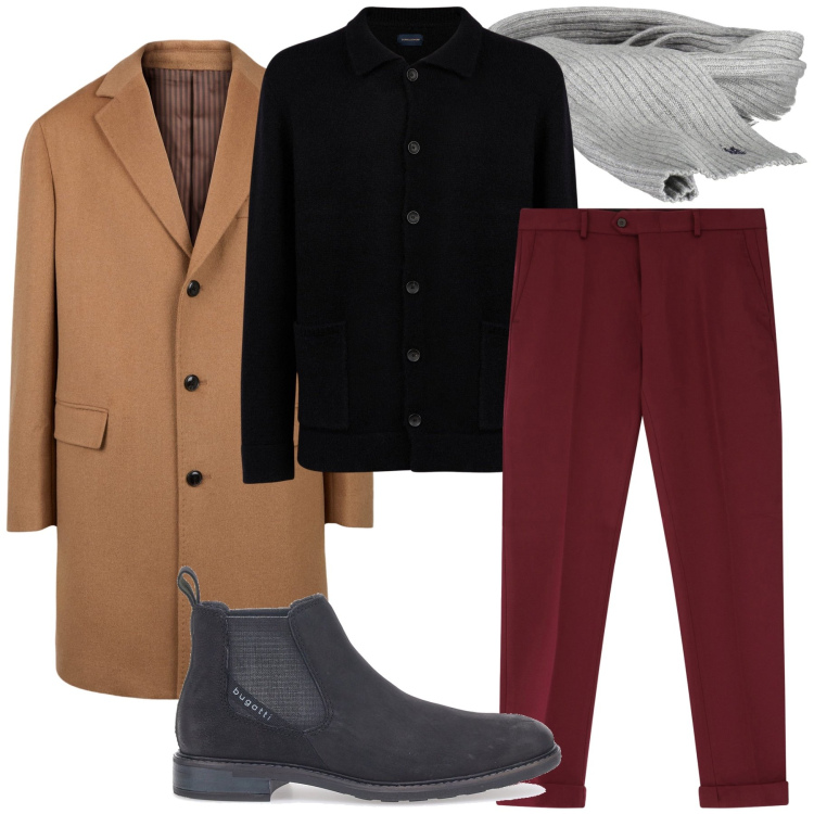Outfit uomo - Elegante con il cappotto. Stile Business/Elegante per Cerimonia. Abbinamento con pantaloni, cappotti, stivali e stivaletti, cardigans, sciarpe.