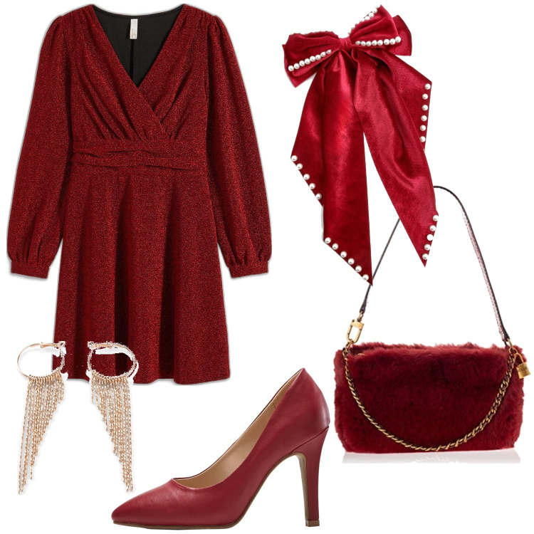 Outfit femme - Pour noel. Style Romantique pour Soirée dehors. Assortir avec boucles d'oreilles, chaussures à talon, robes courtes, sacs en bandoulière, accessoires pour cheveux.