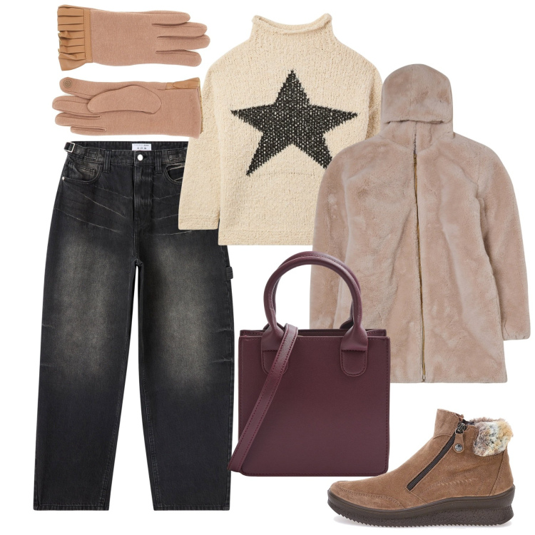 Outfit donna - Cosy Christmas Style. Stile Casual chic per Tutti i giorni. Abbinamento con jeans, maglieria, ecopellicce, shopping bag, stivaletti, guanti.