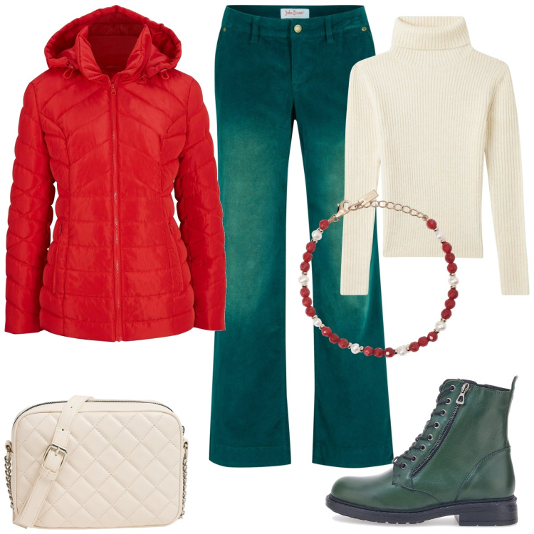 Outfit donna - Camino e cioccolata calda. Stile Casual chic per Serata fuori. Abbinamento con pantaloni, giacche, borse a tracolla, maglieria, braccialetti, anfibi.