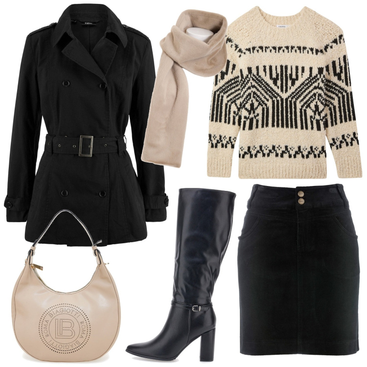 Outfit donna - Cosy Christmas Style. Stile Casual chic per Serata fuori. Abbinamento con gonne lunghe, trench, maglieria, foulard, borse a spalla, stivali.