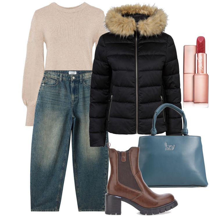 Outfit donna - Dicembre. Stile Casual chic per Tutti i giorni. Abbinamento con maglieria, giacche, borse a mano, rossetti, jeans, stivaletti.