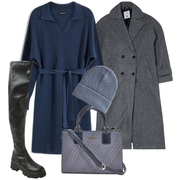 Outfit donna - Ufficio in blu. Stile Bon Ton per Ufficio. Abbinamento con vestiti, stivali, cappotti, berretti, borse a tracolla.