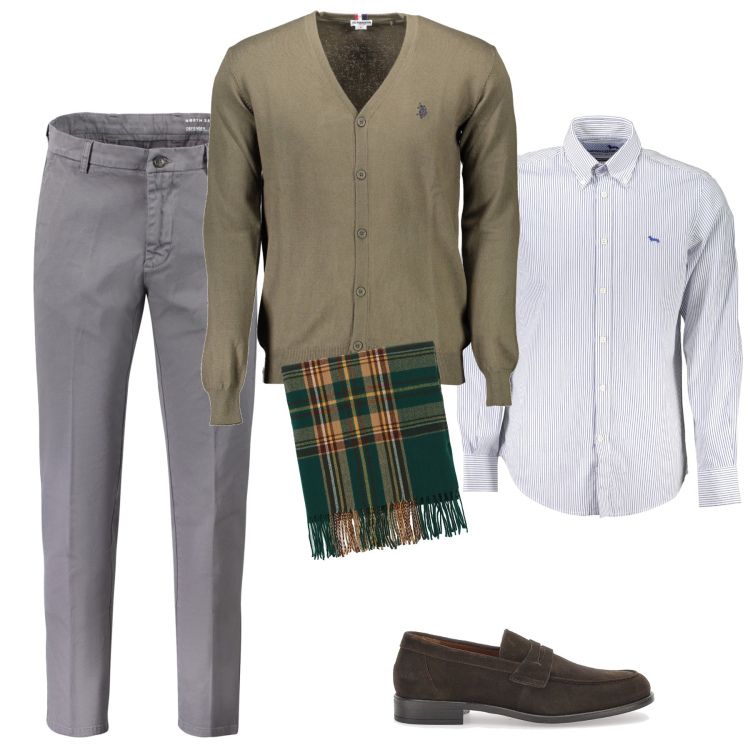 Outfit uomo - Dettagli verde bottiglia. Stile Casual per Ufficio. Abbinamento con sciarpe, scarpe stringate, camicie, cardigans, pantaloni.