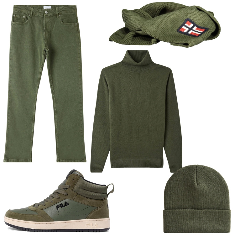 Outfit uomo - Monocolore salvia. Stile Urban per Tutti i giorni. Abbinamento con maglieria, pantaloni, berretti, sneakers, sciarpe.