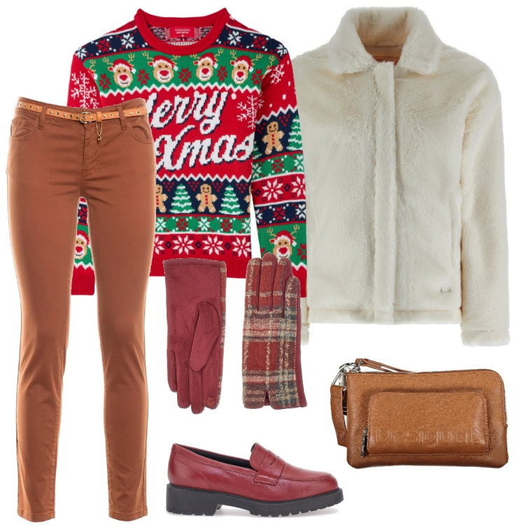 Outfit donna - Passeggiate a natale. Stile Casual per Tutti i giorni. Abbinamento con maglieria, pantaloni, cappotti, guanti, mocassini, borse a tracolla.