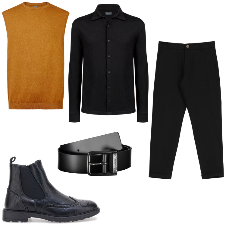 Outfit uomo - Weekend casual. Stile Casual per Serata speciale. Abbinamento con pantaloni, gilet, polo, stivali e stivaletti, cinture.