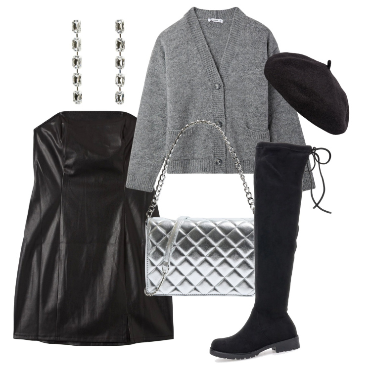 Outfit donna - Lo strapless col cardigan. Stile Chic per Serata fuori. Abbinamento con orecchini, vestiti midi/longuette, cardigans, borse a tracolla, cappelli e berretti, stivali sopra il ginocchio.