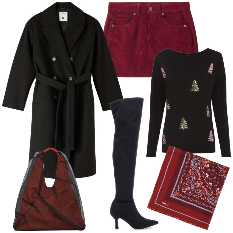 Outfit donna - Cosy Christmas. Stile Glamour per Serata fuori. Abbinamento con maglieria, cappotti, minigonne, foulard, stivali sopra il ginocchio, shopping bag.