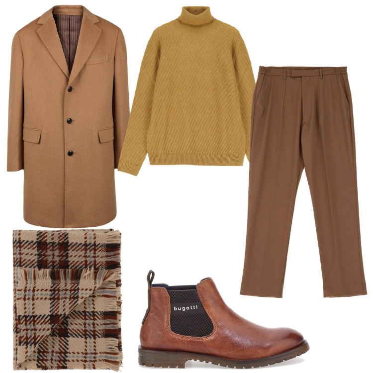 Outfit uomo - Monocolore marrone. Stile Casual per Ufficio. Abbinamento con maglieria, pantaloni, sciarpe, cappotti, stivali e stivaletti.