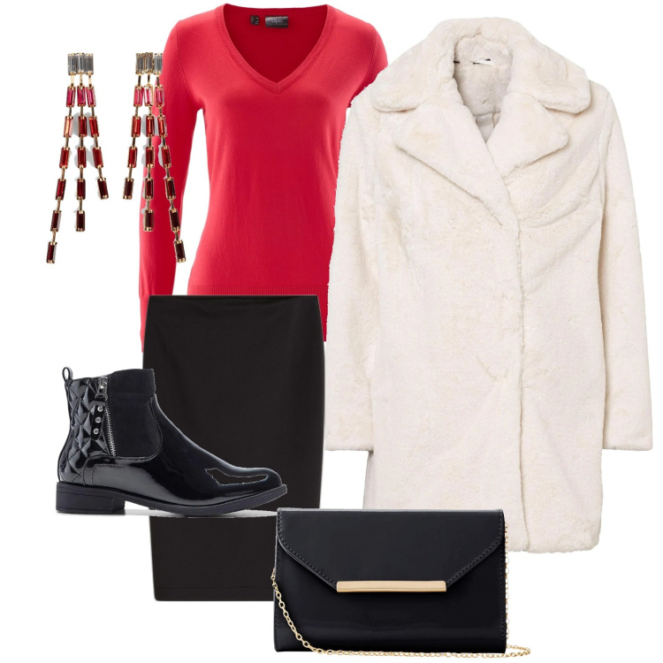 Outfit donna - Bonprix - party glam. Stile Chic per Serata fuori. Abbinamento con maglieria, gonne longuette, stivaletti, orecchini, ecopellicce, pochette.