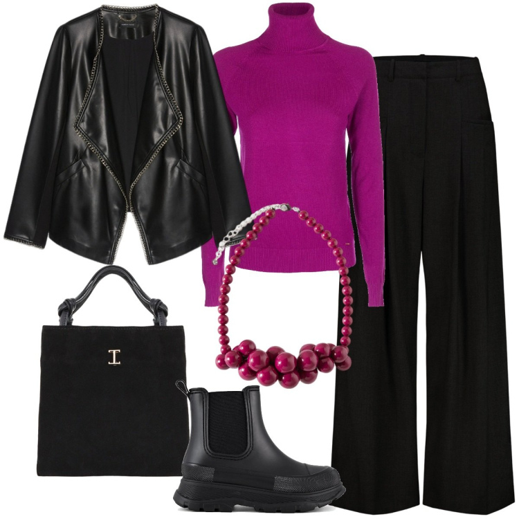 Outfit donna - A cena con le amiche. Stile Casual chic per Serata fuori. Abbinamento con maglieria, shopping bag, stivali, pantaloni, blazer, collane.
