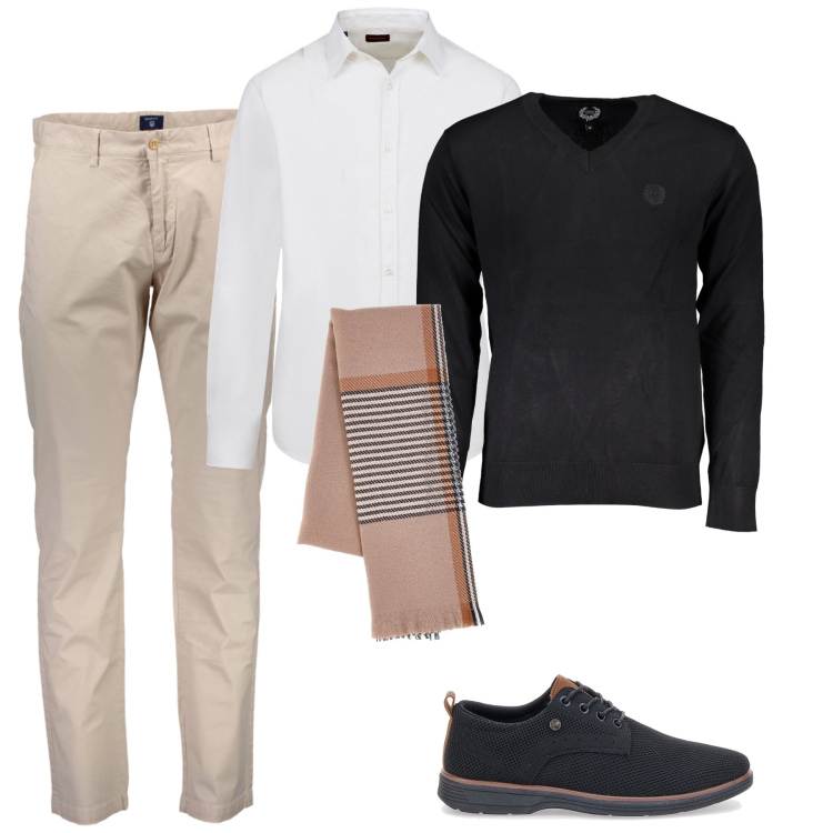 Outfit uomo - Il pantalone chiaro in inverno. Stile Business/Elegante per Ufficio. Abbinamento con scarpe stringate, sciarpe, camicie, pantaloni, maglieria.