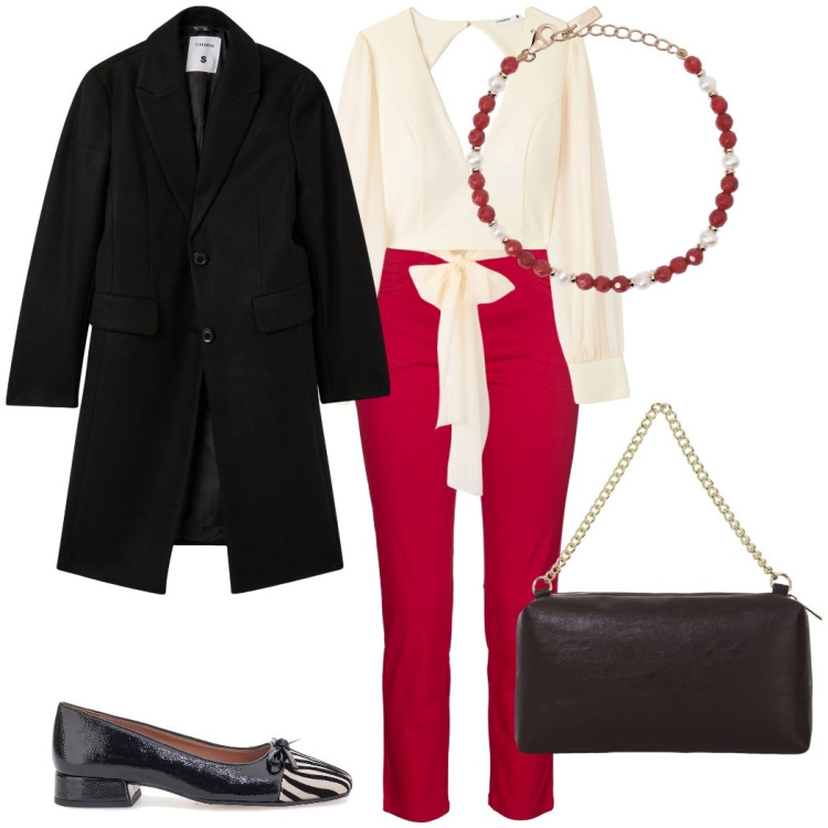 Outfit donna - Party in ufficio. Stile Bon Ton per Ufficio. Abbinamento con pantaloni, bluse, cappotti, braccialetti, borse a tracolla, ballerine.