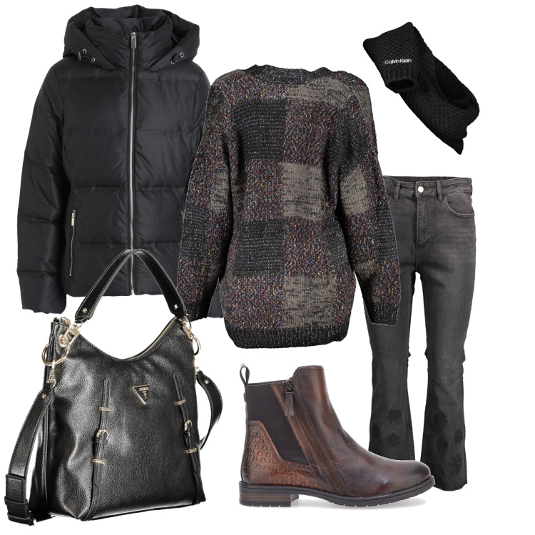 Outfit donna - Total look #2012702. Stile Casual per Scuola/Università. Abbinamento con piumini, stivaletti chelsea, cardigans, borse a spalla, jeans, sciarpe.
