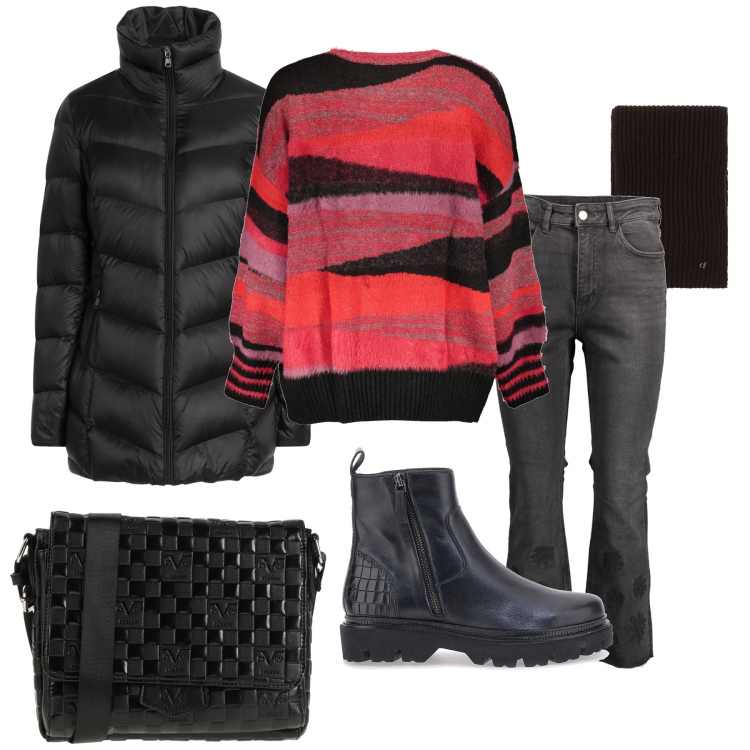 Outfit donna - Total look #2012704. Stile Casual per Scuola/Università. Abbinamento con borse a tracolla, piumini, sciarpe, stivaletti, maglieria, jeans.