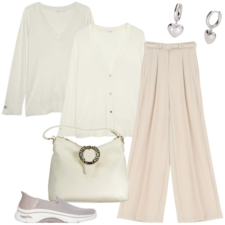 Outfit donna - Toni neutri - Focus donna curvy. Stile Casual chic per Ufficio. Abbinamento con orecchini, pantaloni, sneakers, cardigans, maglieria, borse a spalla.