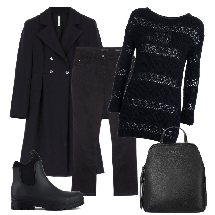 Outfit donna - Total black casual. Stile Casual chic per Tutti i giorni. Abbinamento con maglieria, cappotti, zaini, stivali, pantaloni.