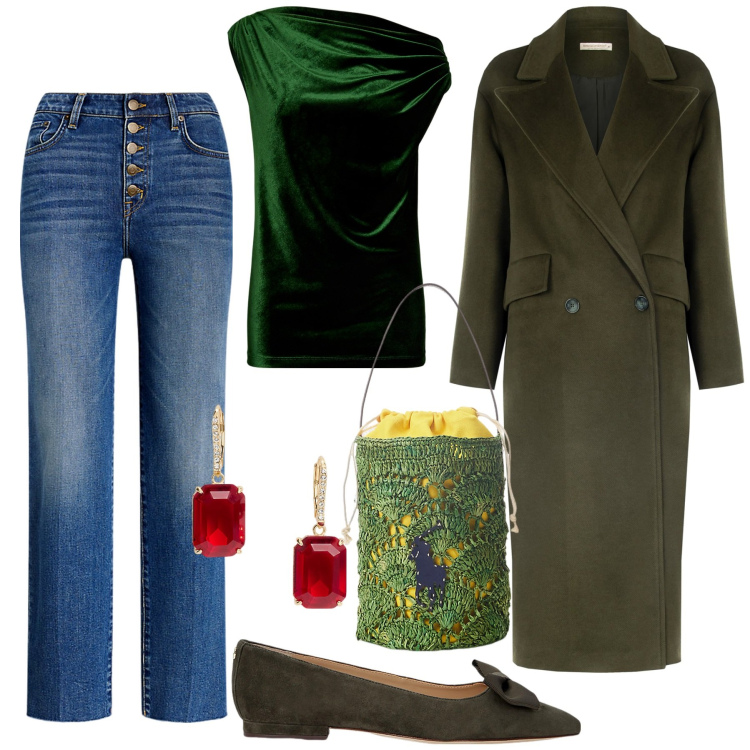 Outfit donna - Così Christmas style. Stile Casual chic per Tutti i giorni. Abbinamento con cappotti, ballerine, borse a secchiello, bluse, jeans dritti, orecchini.