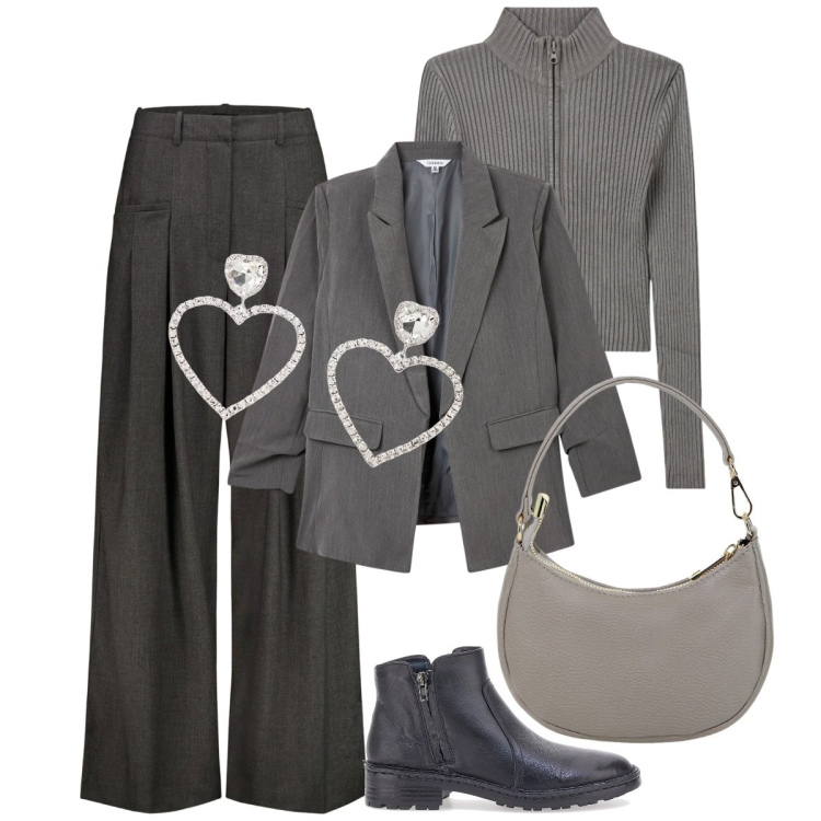 Outfit donna - Toni neutri per l\'ufficio - Curvy style. Stile Mannish per Ufficio. Abbinamento con cardigans, blazer, borse a spalla, orecchini, stivaletti, pantaloni.