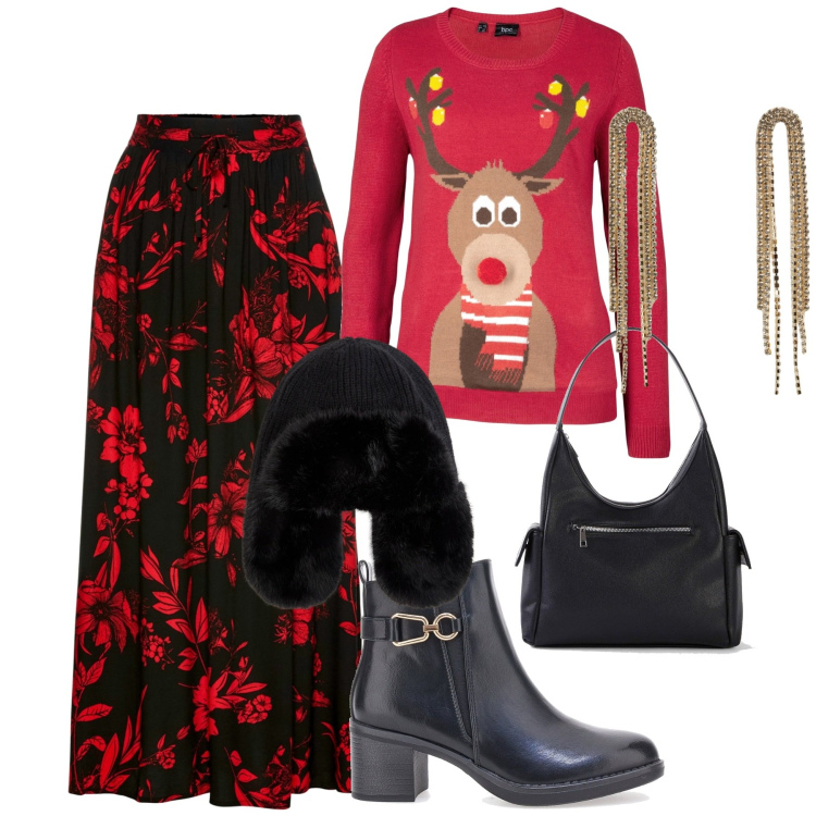 Outfit donna - Così Xmas style. Stile Casual chic per Tutti i giorni. Abbinamento con gonne lunghe, maglieria, borse a mano, orecchini, berretti, stivaletti.