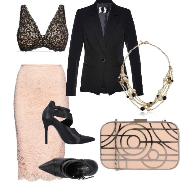 Outfit donna - Chic #16552. Stile Sexy per Serata fuori. Abbinamento con décolleté con tacco spillo e cinturino interno foderato a punta in pelle sintetica tinta unita, borsa a mano mini a scatto tinta unita, reggiseni, blazer con spalline e punta tonda nero, gonna a matita con pizzo rosa, collana.