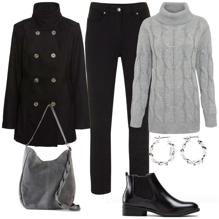 Outfit donna - Bonprix Dicembre. Stile Casual per Tutti i giorni. Abbinamento con pantaloni, stivaletti chelsea, orecchini, borse a mano, maglieria, caban.