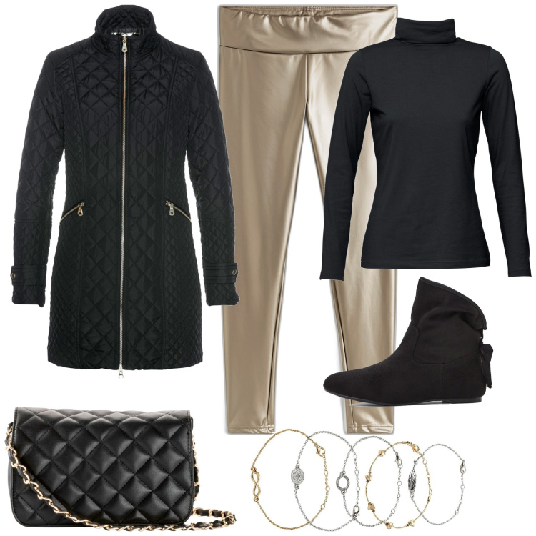 Outfit donna - Dicembre con Bonprix. Stile Casual chic per Serata fuori. Abbinamento con blazer, maglieria, borse a tracolla, stivaletti, braccialetti con ciondoli, leggings.
