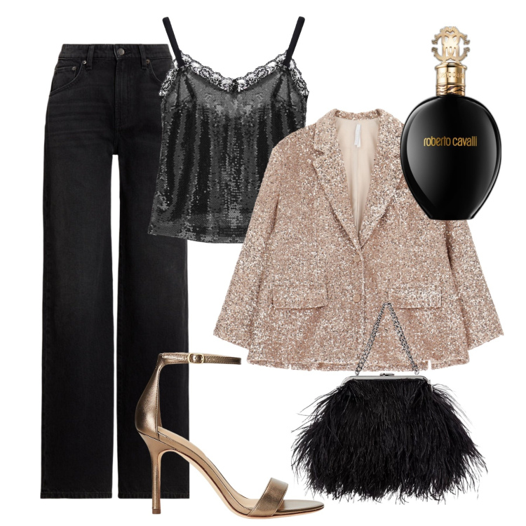 Outfit donna - Gran serata in jeans e paillettes. Stile Casual chic per Serata fuori. Abbinamento con profumi, canottiere, blazer, sandali in pelle, clutch, jeans.
