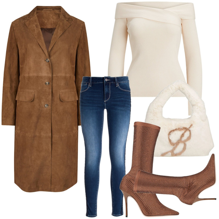 Outfit donna - In centro per vetrine. Stile Chic per Tutti i giorni. Abbinamento con stivali, borse a mano, jeans skinny, maglieria, cappotti.