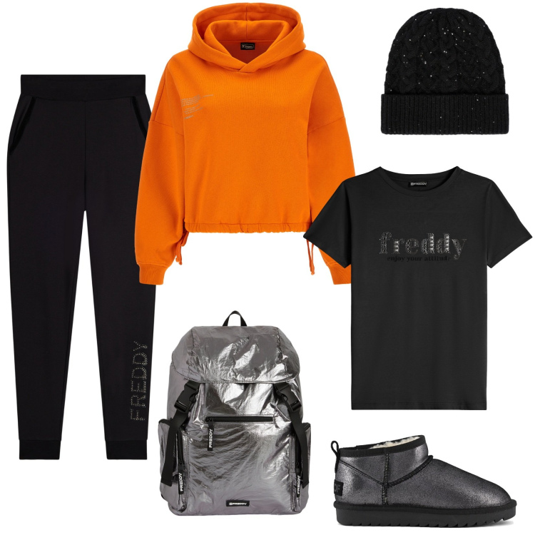 Outfit donna - Casual a cena con le amiche in pizzeria. Stile Casual per Serata fuori. Abbinamento con pantaloni, felpe con cappuccio, zaini, t-shirt, stivali, cappelli.