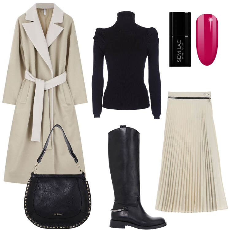 Outfit donna - Il mio amato cappotto con cintura. Stile Trendy per Tutti i giorni. Abbinamento con smalti, maglieria, gonne, cappotti, borse a spalla, stivali.