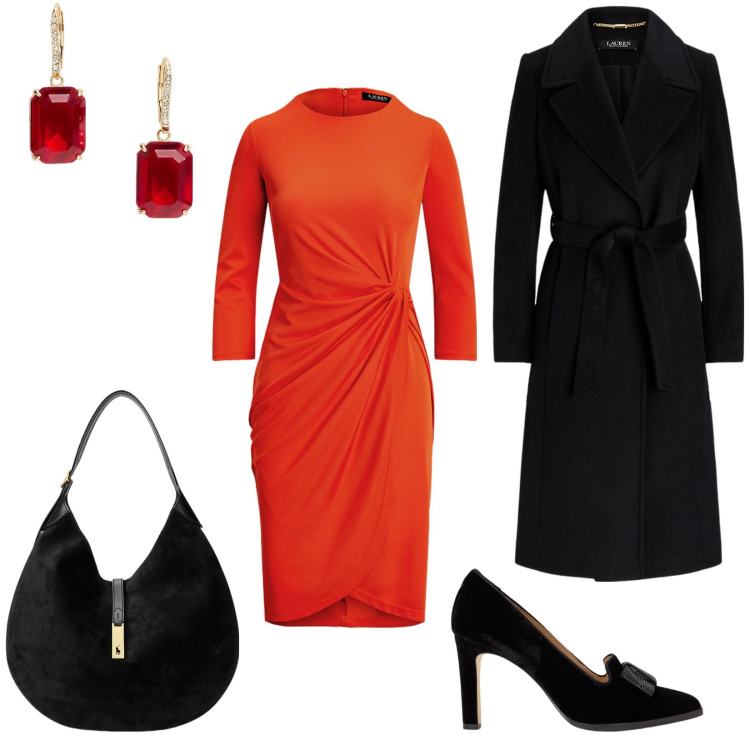 Outfit donna - Il mio amato cappotto nero. Stile Chic per Serata fuori. Abbinamento con cappotti, vestiti, borse a spalla, décolleté, orecchini.