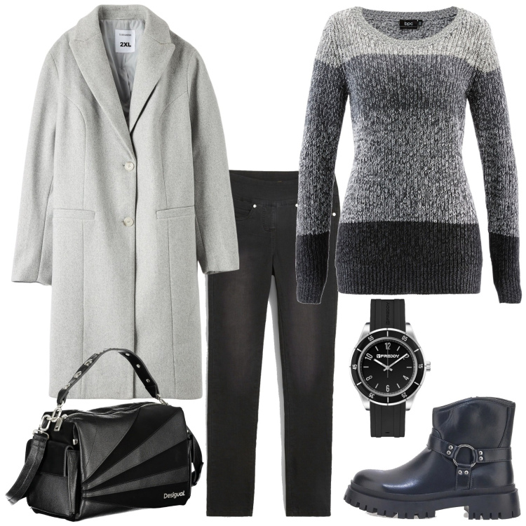 Outfit donna - Sfumature. Stile Basic per Tutti i giorni. Abbinamento con maglieria, jeans dritti, cappotti, orologi, stivaletti, borse a spalla.
