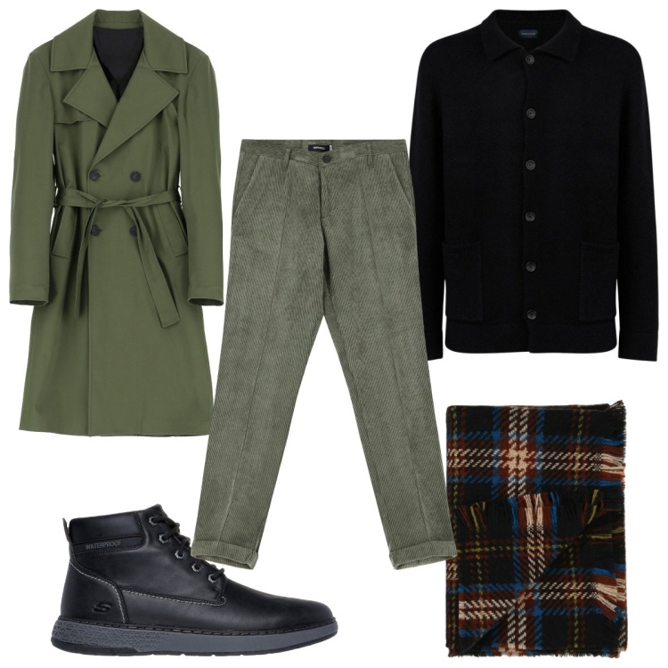 Outfit uomo - Verde bottiglia: il cappotto. Stile Trendy per Tutti i giorni. Abbinamento con cappotti, sciarpe, pantaloni, stivali e stivaletti, cardigans.