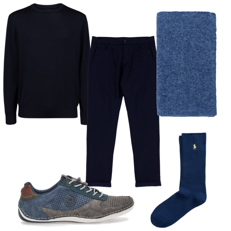 Outfit uomo - Accessori monocolor : in blu. Stile Casual per Tutti i giorni. Abbinamento con pantaloni, sciarpe, calzini, scarpe stringate, maglieria.