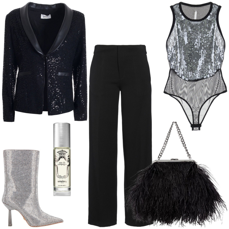 Outfit donna - Serata Glam. Stile Glamour per Serata fuori. Abbinamento con stivaletti, pantaloni, profumi, blazer, body, clutch.