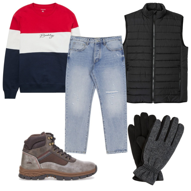 Outfit uomo - Weekend casual e low cost. Stile Casual per Tutti i giorni. Abbinamento con gilet, felpe, jeans slim fit, stivali e stivaletti, guanti.