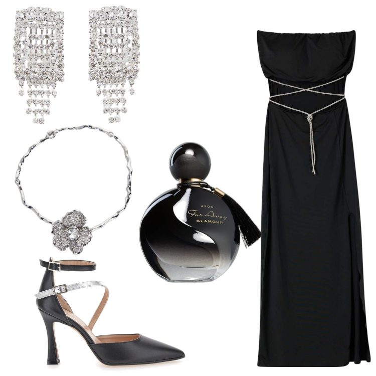 Outfit donna - Serata chic. Stile Chic per Serata fuori. Abbinamento con profumi, vestiti lunghi, collane, orecchini, décolleté.