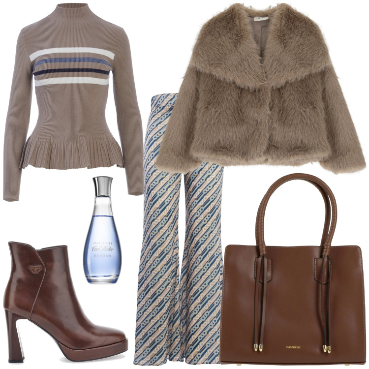 Outfit donna - Glamour sfumato 70\'s. Stile Glamour per Tutti i giorni. Abbinamento con borse a mano, profumi, maglieria, pantaloni, ecopellicce, stivaletti.