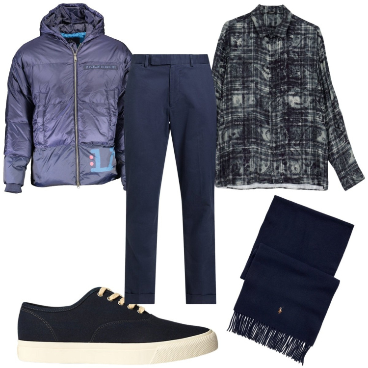 Outfit uomo - Weekend casual: in blu. Stile Casual per Tutti i giorni. Abbinamento con camicie, sneakers, pantaloni chino, sciarpe, piumini.