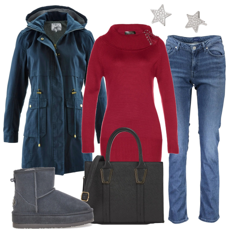 Outfit donna - Ai mercatini di Natale. Stile Casual per Tutti i giorni. Abbinamento con parka, maglieria, shopping bag, orecchini, stivaletti, jeans.