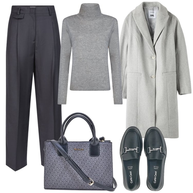 Outfit donna - Toni neutri. Stile Mannish per Ufficio. Abbinamento con cappotti, mocassini, borse a tracolla, pantaloni, maglieria.
