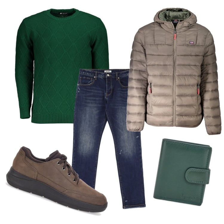 Outfit uomo - Motivo verde bottiglia. Stile Casual per Tutti i giorni. Abbinamento con jeans slim fit, scarpe stringate, giacche, maglieria, portafogli.