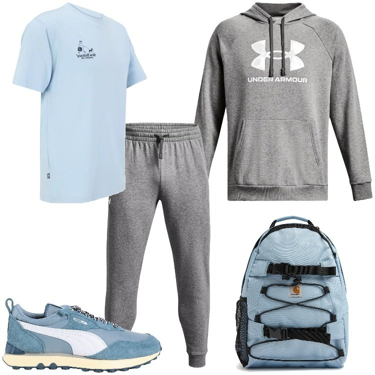 Outfit uomo - Fitness grigio e azzurro. Stile Casual per Sport. Abbinamento con sneakers, t-shirt, felpe con cappuccio, borse sportive, pantaloni.