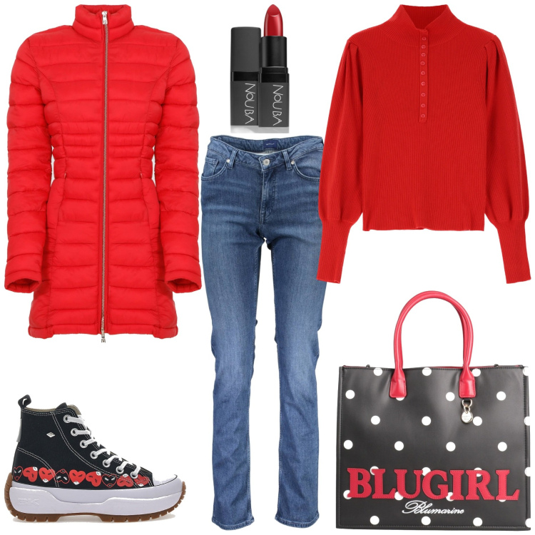 Outfit donna - Blugirl. Stile Basic per Tutti i giorni. Abbinamento con borse a mano, rossetti, maglieria, piumini, sneakers, jeans.