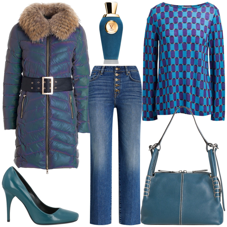 Outfit donna - Casual chic premium. Stile Casual chic per Tutti i giorni. Abbinamento con borse a spalla, décolleté, pullovers, profumi, piumini, jeans dritti.