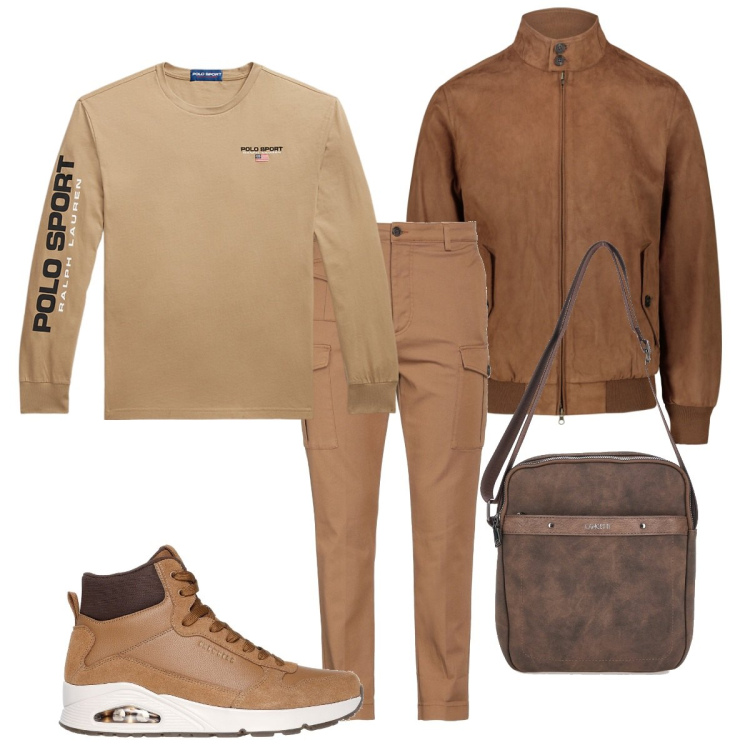 Outfit uomo - Colore cammello. Stile Trendy per Ufficio. Abbinamento con pantaloni cargo, t-shirt, sneakers alte, giacche, portafogli.
