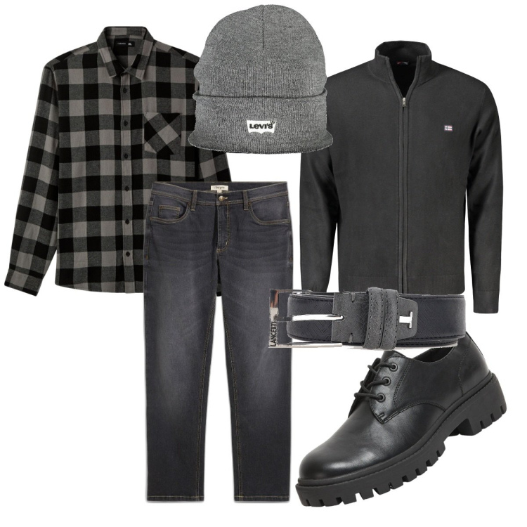 Outfit uomo - Antracite. Stile Trendy per Tutti i giorni. Abbinamento con jeans dritti, camicie, scarpe stringate, cardigans, cinture, berretti.