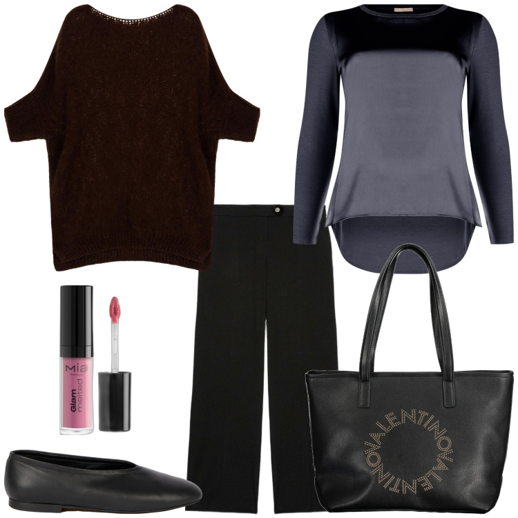 Outfit donna - La blusa nera in satin. Stile Basic per Tutti i giorni. Abbinamento con rossetti, bluse, pullovers, pantaloni a palazzo, borse a spalla, ballerine.